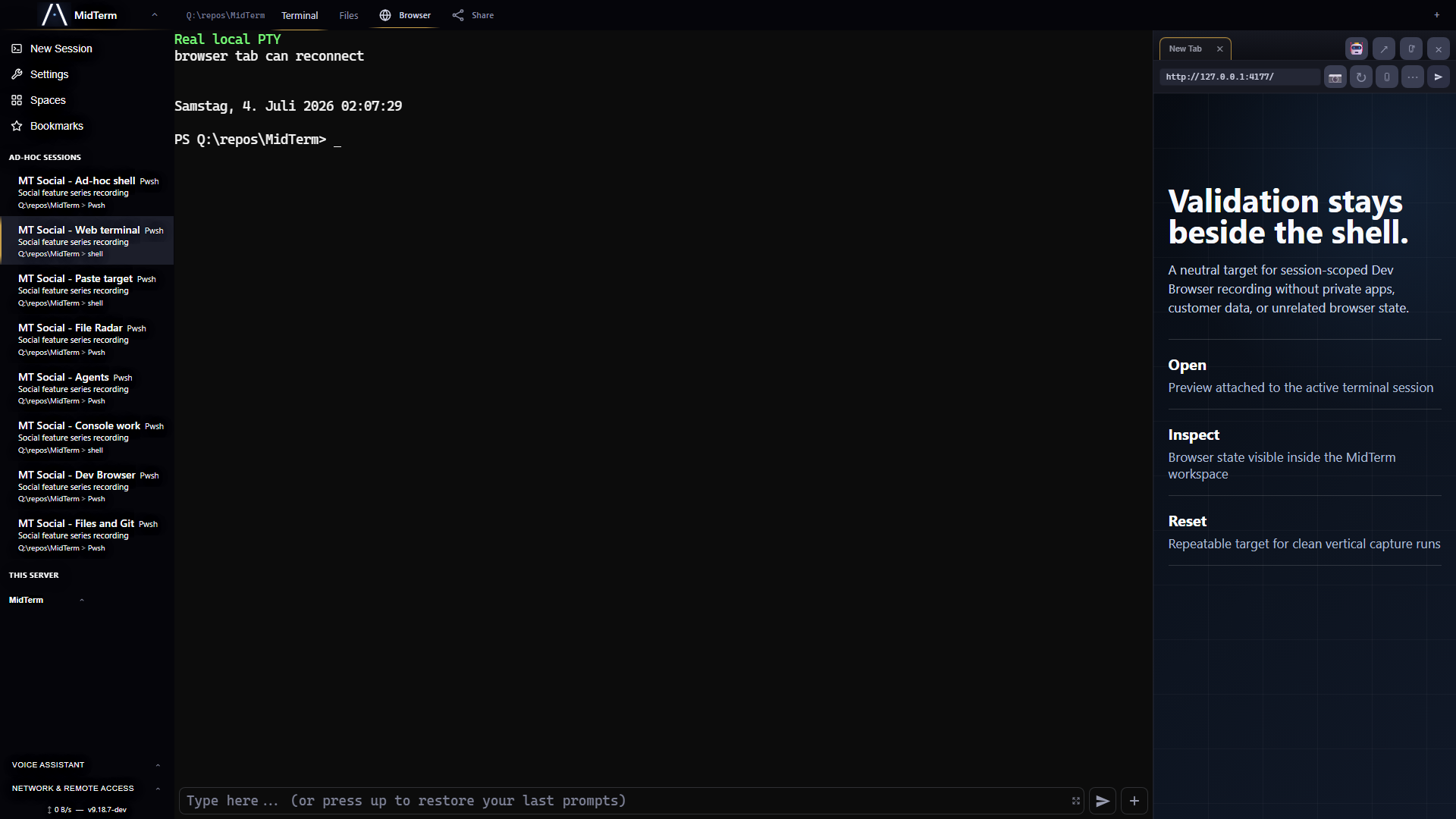 Der echte MidTerm-Arbeitsbereich im Browser mit Terminal-Sessions, Dateien und App-Vorschau